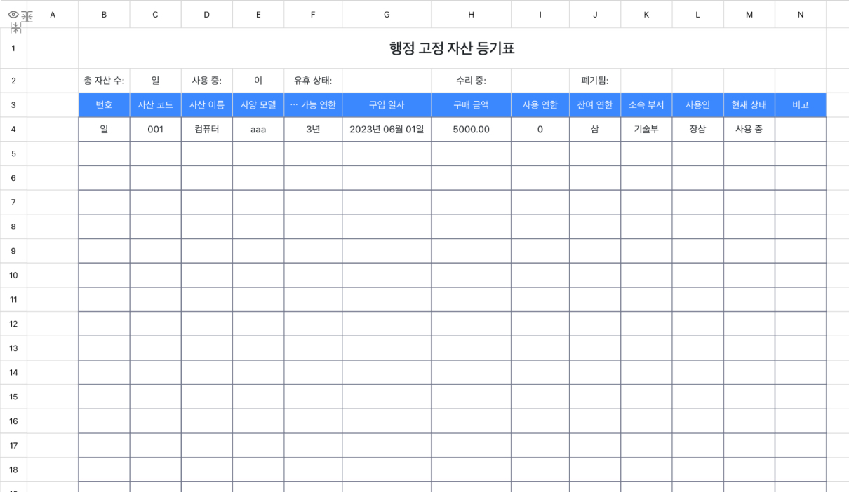행정 고정 자산 등기표